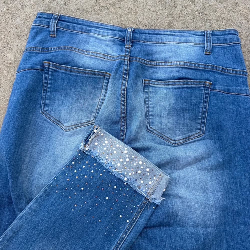Cartise Denim Jeans Womens 14 Blue Beaded Fringed Cuff Cropped Stretch Casual